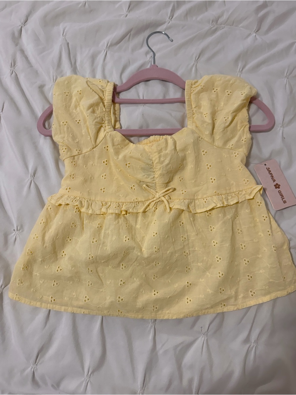 Japna Yellow Eyelet Ruffle Tie-Front Top